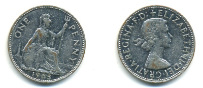 Великобритания 1 пенни 1965 Елизавета II (1952-2022) КМ 897, Spink 4157 бронза 80-1027