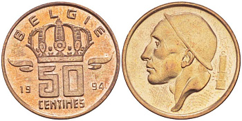 БЕЛЬГИЯ 50 САНТИМОВ 1994 BELGIE, БОДУЭН I (1951-1993) KM 149.1 бронза 214-663