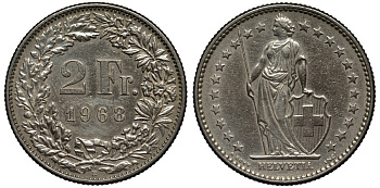 Швейцария 2 франка 1968 В KM 23а.1 медно-никель 186-1032