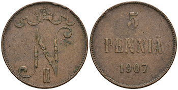 Россия для Финляндии 5 пенни 1907 Николай II (1894-1917) KM 15, Биткин 448 медь 259-1134