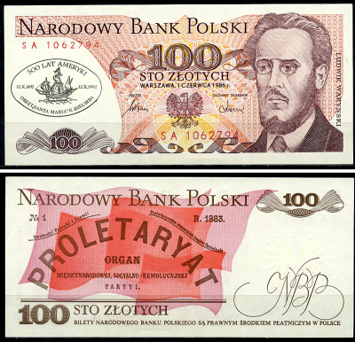 Польша 100 злотых 1986 надпечатка 500 лет открытия Америки Колумбом Pick 143e  бумага  UNC (пресс) 8588-28-4-1