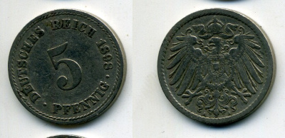 ГЕРМАНИЯ 5 ПФЕННИГОВ 1898 A, KM 11, J. 12 медно-никель 58-139
