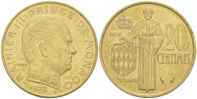 Монако 20 сантимов 1978 Ренье III (1949-2005) KM 143 алюминиевая бронза 190-515