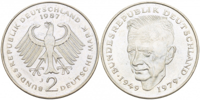 ФРГ 2 МАРКИ 1987 J, КУРТ ШУМАХЕР KM 149, J. 424 медно-никель плакированный никелем 3718-951