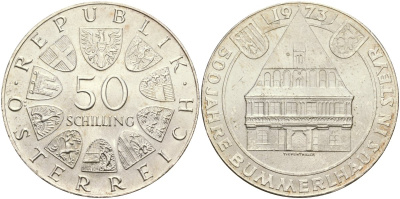 Австрия 50 шиллингов 1973 500 лет готическому дому в Штайре, Bummerlhaus KM 2916 серебро UNC 04-323-32