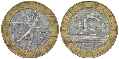 Франция 10 франков 1991 тип гений Бастилии KM 964.1, Le Frank 375.6 биметалл 45-831