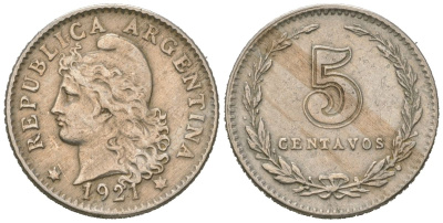 Аргентина 5 сентаво 1921 KM 34 медно-никель 4615-529