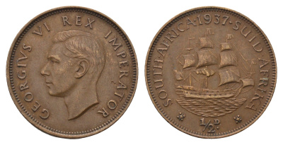 ЮАР 1/2 пенни 1937 Георг VI (1936-1952) KM 24 бронза 4693-227