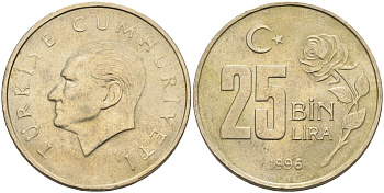Турция 25000 лир 1996 Мустафа Кемаль Ататюрк KM 1041 медь никель цинк 4574-1124