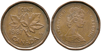 Канада 1 цент 1987 Елизавета II (1952-2022), кленовый лист KM 132 бронза 4528-756