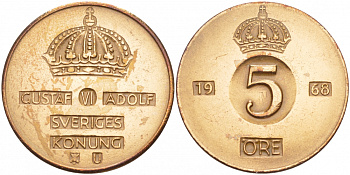 Швеция 5 эре 1968 U Густав VI Адольф (1950-1973) KM 822 бронза 4548-424