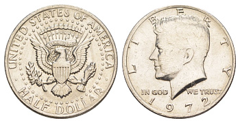 США 1/2 доллара (50 центов) 1972 Джон Кеннеди KM 202b медь плакированная медно-никелем aUNC 4149-1136