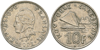Французская Новая Каледония 10 франков 2007 рыбачья парусная лодка, (IEOM) KM 11a, Schoen 13a, Lec 99k медно-никель 58-1111