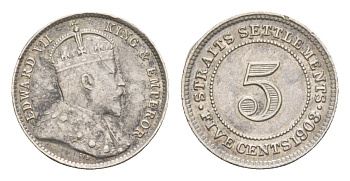 Стрейтс-Сетлментс (Стрейтс Сетлментс) 5 центов 1903 Эдуард VII (1901-1910) KM 20 серебро 1521-711