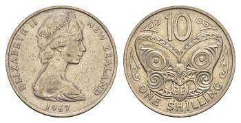 Новая Зеландия 10 центов 1967 Елизавета II (1952-2022), маска маори KM 35 медно-никель 4652-632