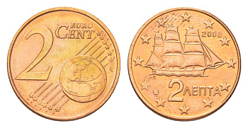 Греция 2 евроцента 2008 KM 182 сталь плакированная медью UNC 4627-1131