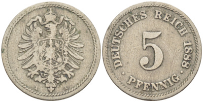 ГЕРМАНИЯ 5 ПФЕННИГОВ 1888 А, СТАРОГЕРБОВКА KM 4, J. 4, Weege 5 медно-никель 4181-525