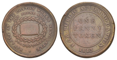 Великобритания, Стаффордшир, Ньюкасл-андер-Лайм 1 пенни 1813 Д.Д. Томсон, гурт шнур влево, токен Withers 900 медь 3711-441