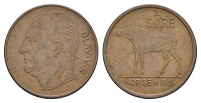 Норвегия 5 эре 1961 Улаф V (1957-1991) KM 405 бронза 4635-555