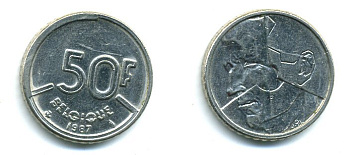 БЕЛЬГИЯ 50 ФРАНКОВ 1987 BELGIQUE, БОДУЭН I (1951-1993) KM 168 никель 25-1657