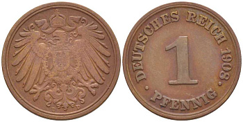 ГЕРМАНИЯ 1 ПФЕННИГ 1908 D KM 10, J. 10, Weege 2 медь 211-368