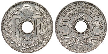 Франция 5 сантимов 1935 KM 875, Le Franc 122.18 медно-никель 4124-328