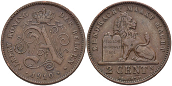 БЕЛЬГИЯ 2 САНТИМА 1910 BELGEN KM 65 медь 28-234