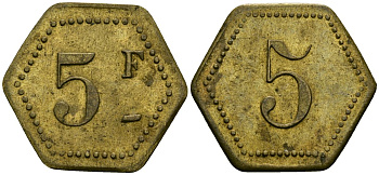 Франция 5 франков XIX-XX век ресторанный жетон латунь 4166-1016