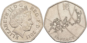 Великобритания 50 пенсов 2011 XXX летние Олимпийские игры в Лондоне в 2012 году, баскетбол, Елизавета II (1952-2022) KM 1190, Spink LO6 медно-никель 00-00