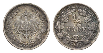 Германия 1/2 марки 1918 F KM 14, J. 17 серебро 4164-1016