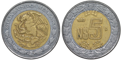 Мексика 5 новых песо 1993 Мо KM 552 биметалл 4122-437