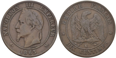 ФРАНЦИЯ 10 САНТИМОВ 1863 K, НАПОЛЕОН III (1852-1870) KM 798.3, LA FRANC 134.10 бронза 97-1232