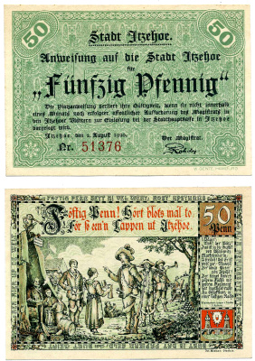 ИТЦЕХО 50 ПФЕННИГОВ 1920 2 АВГУСТА 1920, НОТГЕЛЬД, ЗЕЛЁНЫЙ ФОН, СЕРИЯ КРАСНАЯ, ЗЕМЛЯ ШЛЕЗВИГ-ГОЛЬШТЕЙН Grabowski 649.1а бумага 2193-9-1-1