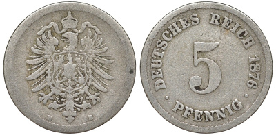Германия 5 пфеннигов 1876 B, старогербовка KM 3, J. 3 медно-никель 51-3421