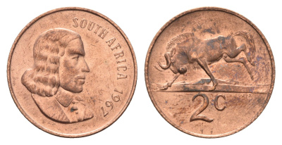 ЮАР 2 цента 1967 Ян ван Рибек (1619-1677), South Africa, легенда на английском, антилопа KM 66.1 бронза UNC 4622-432