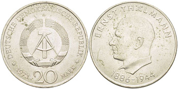 ГДР 20 марок 1971 A, 85 лет со дня рождения Эрнста Тельмана KM 34, J. 1535 медно-никель 4521-416