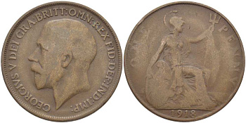 Великобритания 1 пенни 1918 Георг V (1910-1936) KM 810, Spink 4051 бронза 115-131