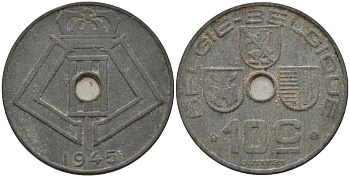 Бельгия 10 сантимов 1945 Belgie - Belgique, Леопольд III (1934-1947), германская оккупация, Вторая мировая война KM 126 цинк 4161-352