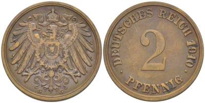 ГЕРМАНИЯ 2 ПФЕННИГА 1910 G KM 16, J. 11, Weege 4 медь 206-554