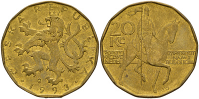 Чехия 20 крон 1993 чешский лев, герцог Вацлав на коне KM 5 сталь плакированная латунью    4599-632