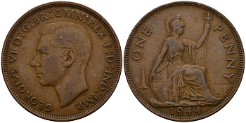 Великобритания 1 пенни 1944 Георг VI (1936-1952) KM 845, Spink 4114 бронза 4599-244