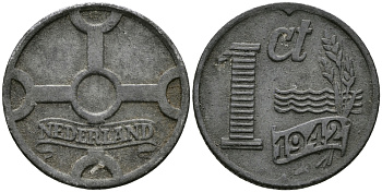 НИДЕРЛАНДЫ 1 ЦЕНТ 1942 ВИЛЬГЕЛЬМИНА (1890-1948) KM 170 цинк 176-734