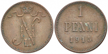 РОССИЯ ДЛЯ ФИНЛЯНДИИ 1 ПЕННИ 1915 НИКОЛАЙ II KM 13, Биткин 475 медь 4396-1465