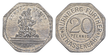 Нюрнберг трамвайный (транспортный) жетон в 20 пфеннигов ND (1920-1921) фонтан Men05 19256.20, Men18 24102.20 алюминий UNC 4638-256