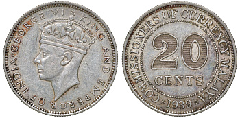 Британская Малайя 20 центов 1939 Георг VI (1937-1952) KM 5 серебро 53-317