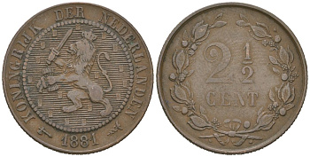 Нидерланды 2 1/2 цента 1881 Виллем III (1849-1890) KM 108 бронза 4582-1124