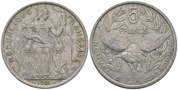 Французская Новая Каледония 5 франков 1986 птица кагу, (IEOM) KM 16, Schoen 12, Lec 76 алюминий 180-615