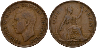 Великобритания 1 пенни 1944 Георг VI (1936-1952) KM 845, Spink 4114 бронза 4599-244