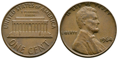 США 1 цент 1964 Авраам Линкольн  KM 201 медь цинк 3458-129