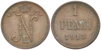 РОССИЯ ДЛЯ ФИНЛЯНДИИ 1 ПЕННИ 1915 НИКОЛАЙ II KM 13, Биткин 475 медь 4396-1465